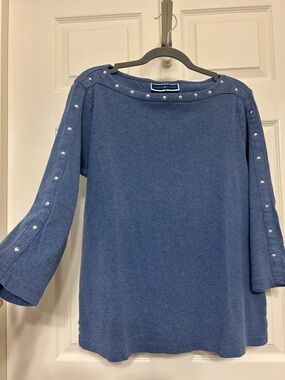 Karen Scott Cotton Denim Blue Silver Tone Studded Lightweight Sweater Medium